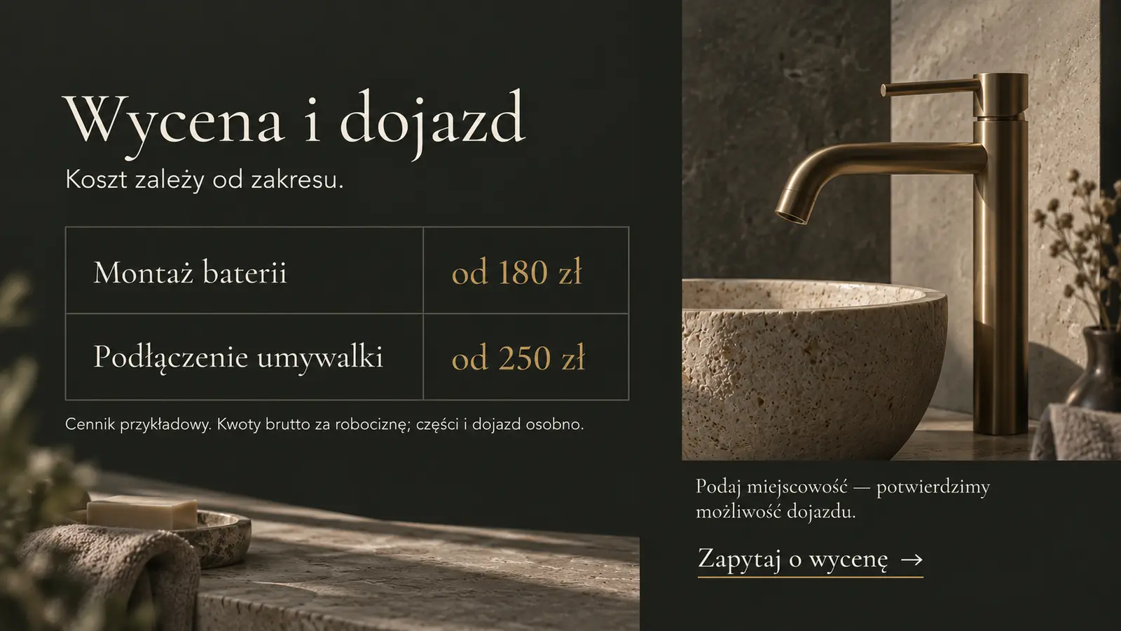 Projekt szablonu Premium dla hydraulika — sekcja Wycena i dojazd