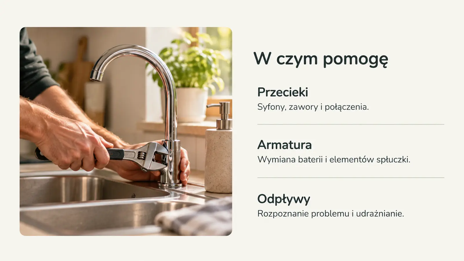 Projekt szablonu Wizytówka dla hydraulika — sekcja Trzy rodzaje pomocy