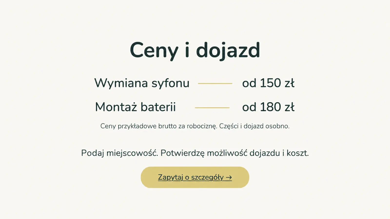 Projekt szablonu Wizytówka dla hydraulika — sekcja Ceny i dojazd