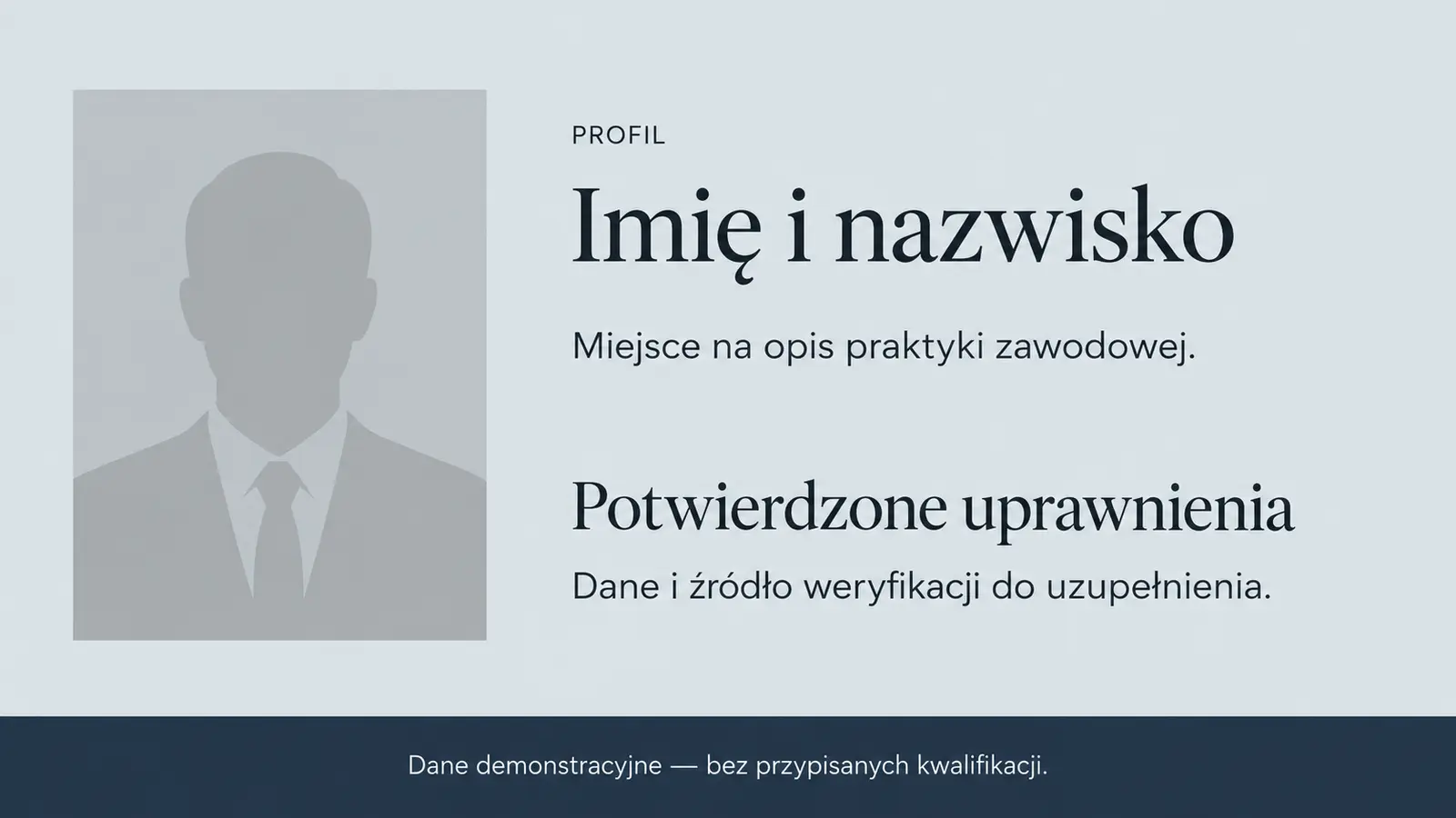Projekt szablonu Ekspert dla kancelarii prawnej — sekcja Profil i potwierdzone uprawnienia