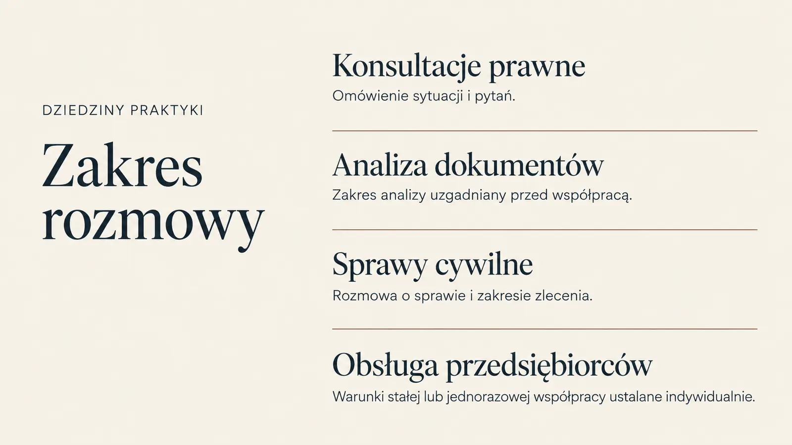 Projekt szablonu Ekspert dla kancelarii prawnej — sekcja Dziedziny praktyki