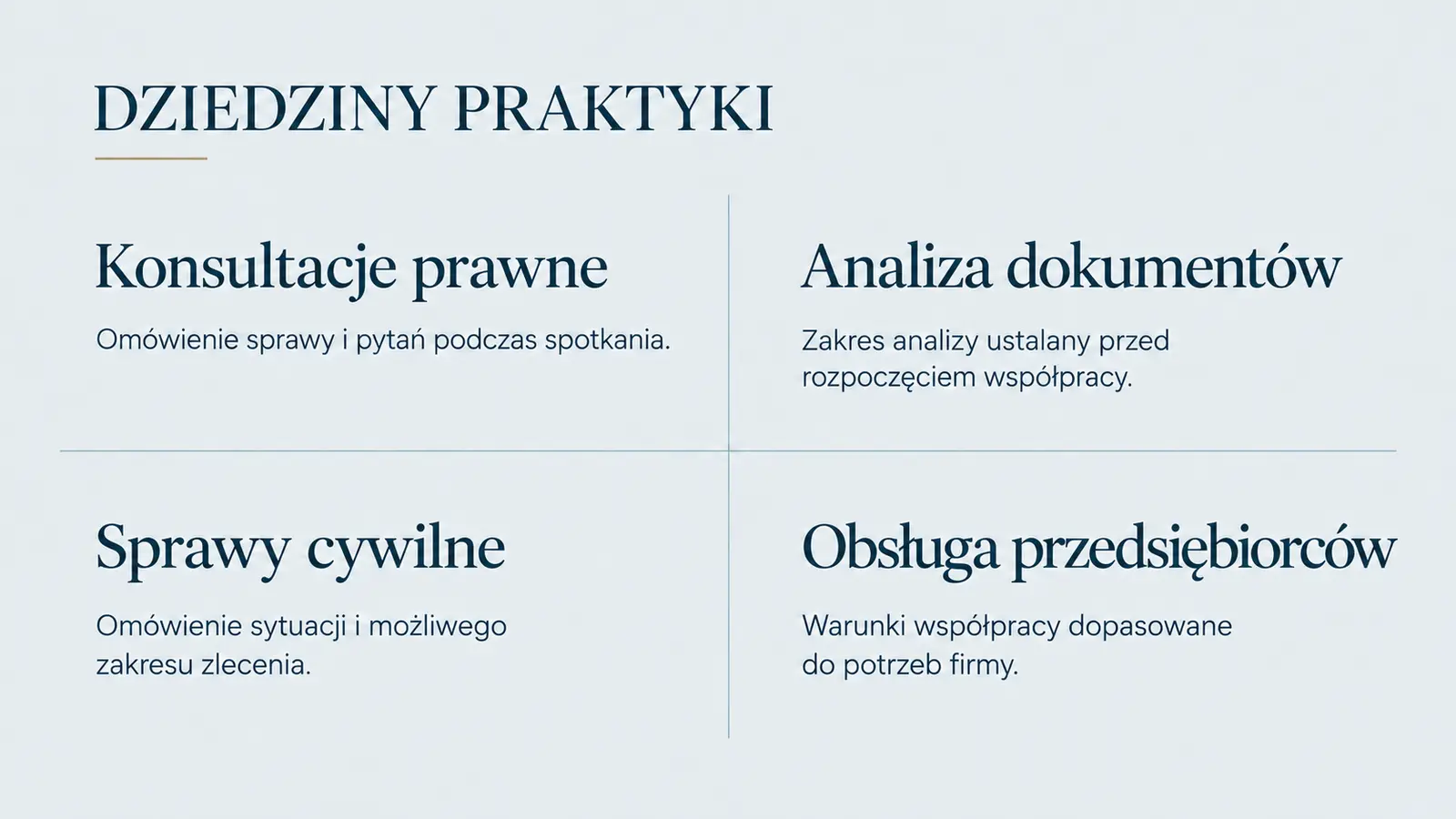 Projekt szablonu Klasyczny dla kancelarii prawnej — sekcja Dziedziny praktyki