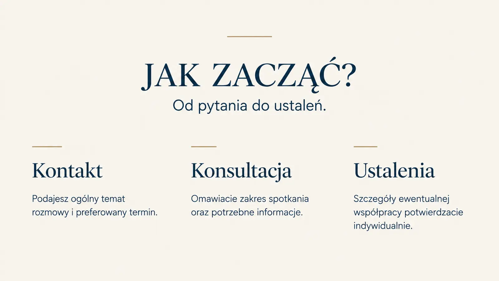 Projekt szablonu Klasyczny dla kancelarii prawnej — sekcja Pierwszy kontakt