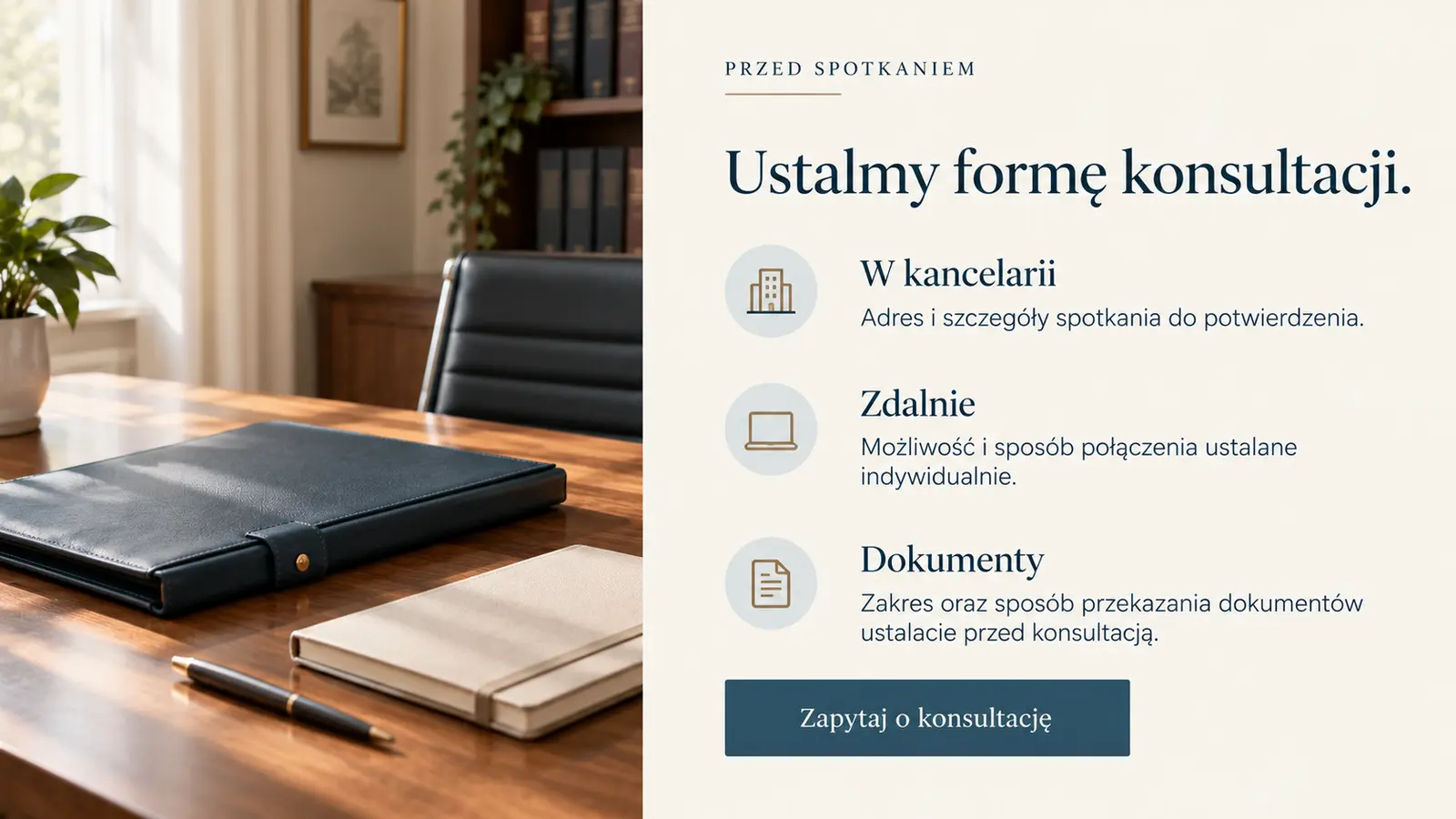 Projekt szablonu Klasyczny dla kancelarii prawnej — sekcja Organizacja konsultacji