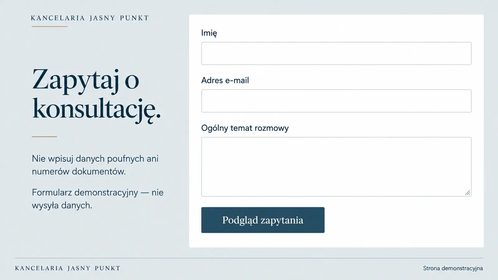 Projekt szablonu Klasyczny dla kancelarii prawnej — sekcja Zapytanie