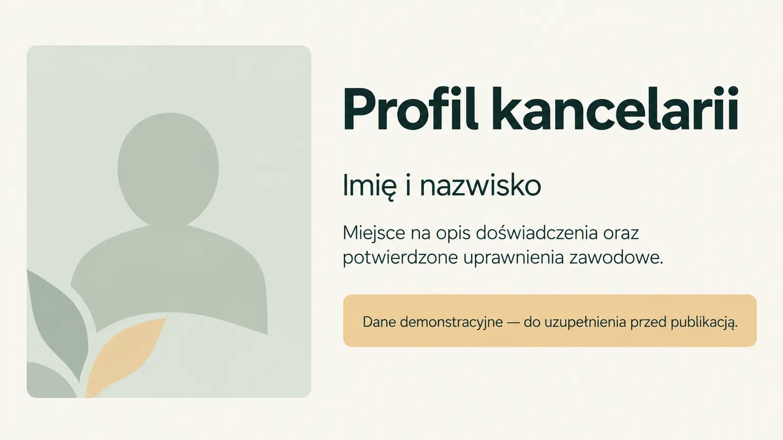 Projekt szablonu Lokalny dla kancelarii prawnej — sekcja Profil do uzupełnienia