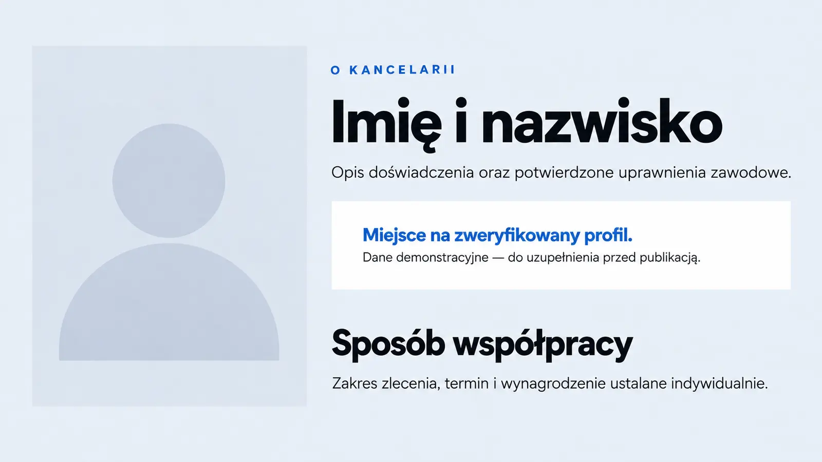 Projekt szablonu Nowoczesny dla kancelarii prawnej — sekcja Profil i uprawnienia