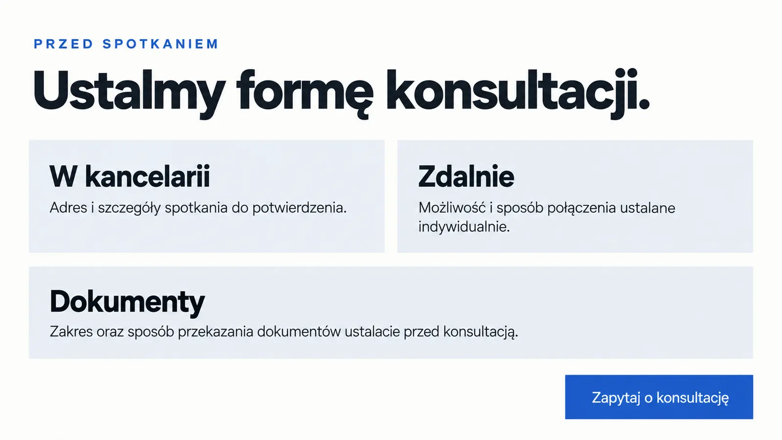 Projekt szablonu Nowoczesny dla kancelarii prawnej — sekcja Organizacja konsultacji