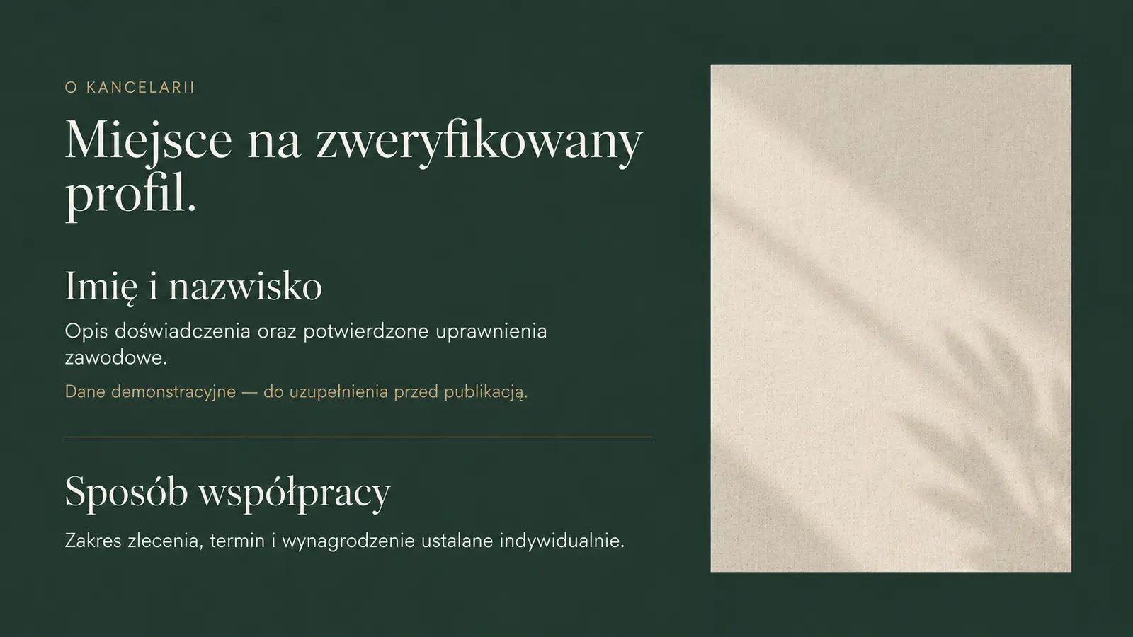 Projekt szablonu Premium dla kancelarii prawnej — sekcja Profil i uprawnienia