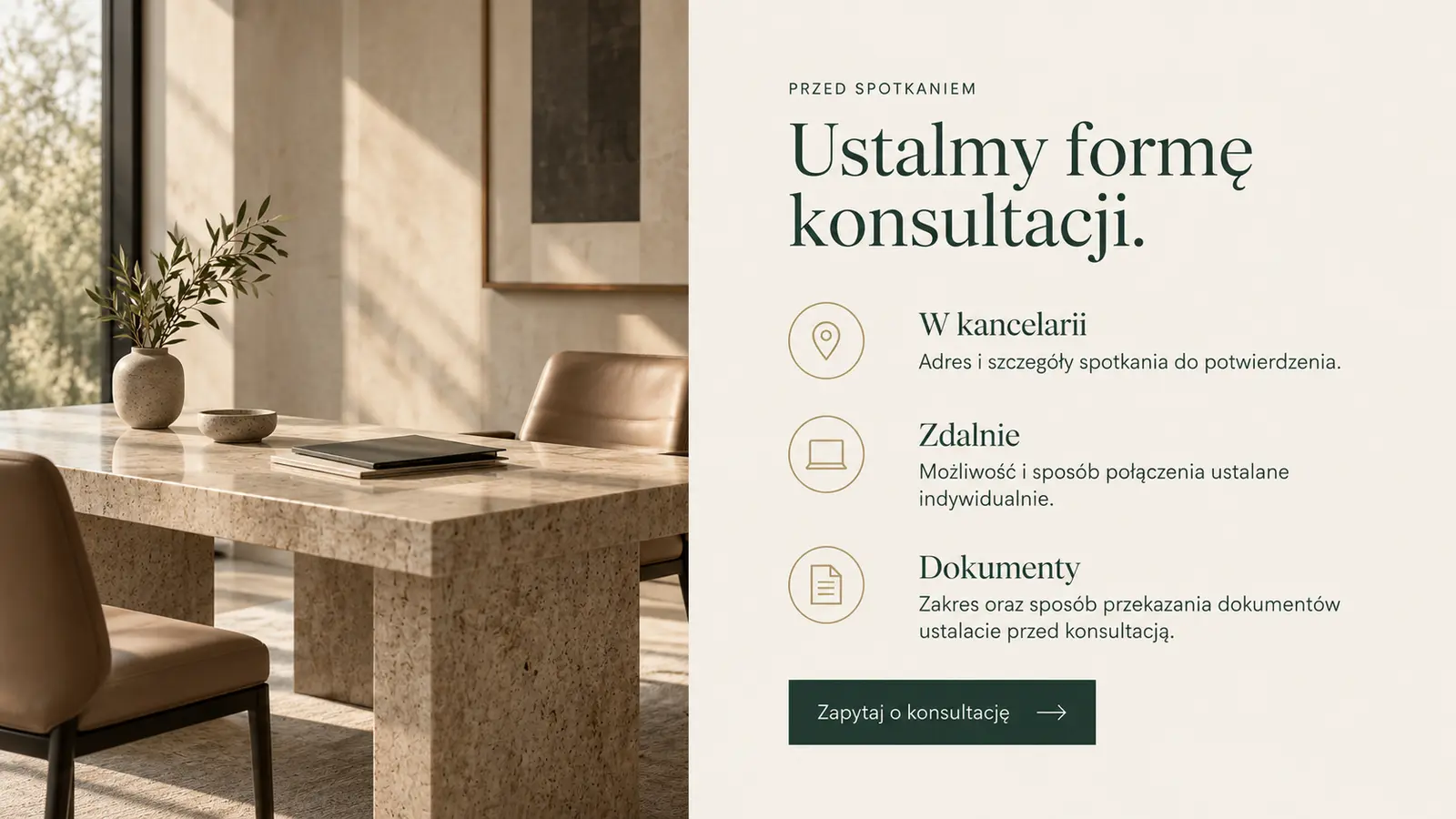 Projekt szablonu Premium dla kancelarii prawnej — sekcja Organizacja konsultacji