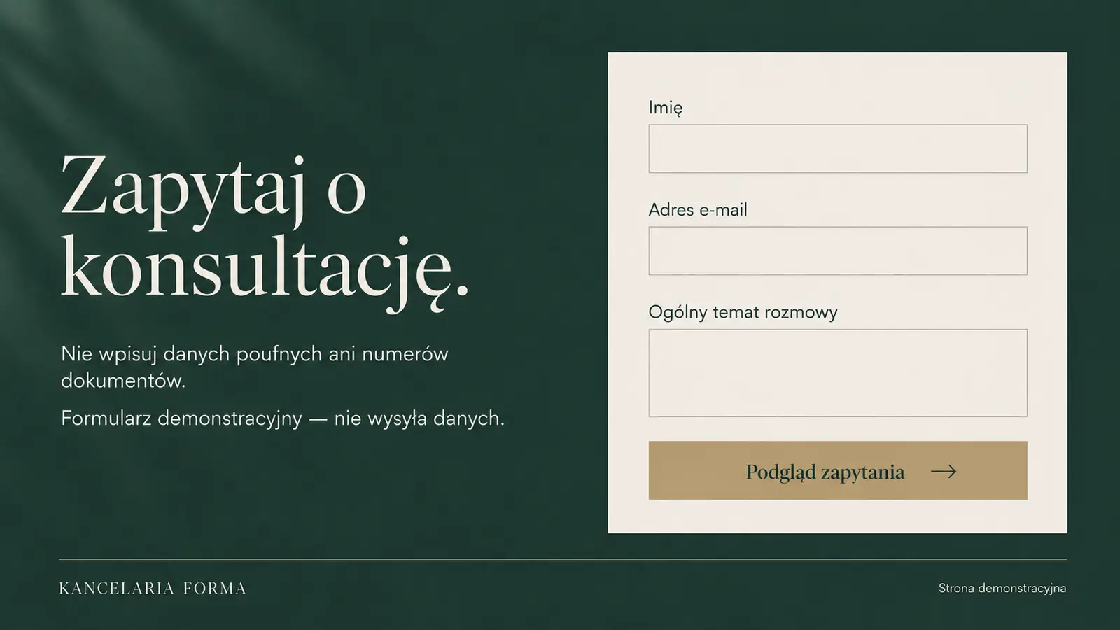 Projekt szablonu Premium dla kancelarii prawnej — sekcja Zapytanie