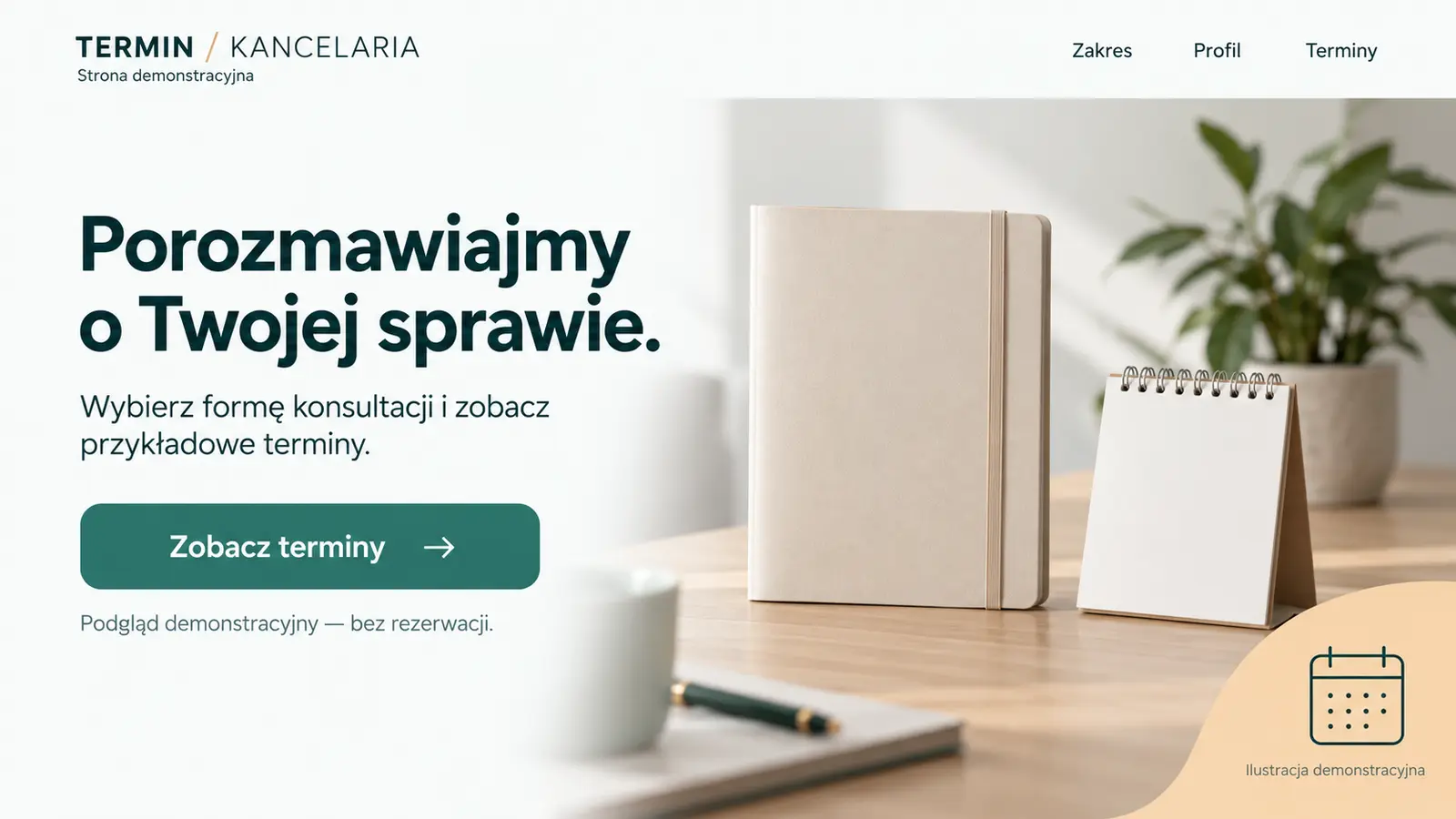 Projekt szablonu Rezerwacje dla kancelarii prawnej — sekcja Konsultacja i termin