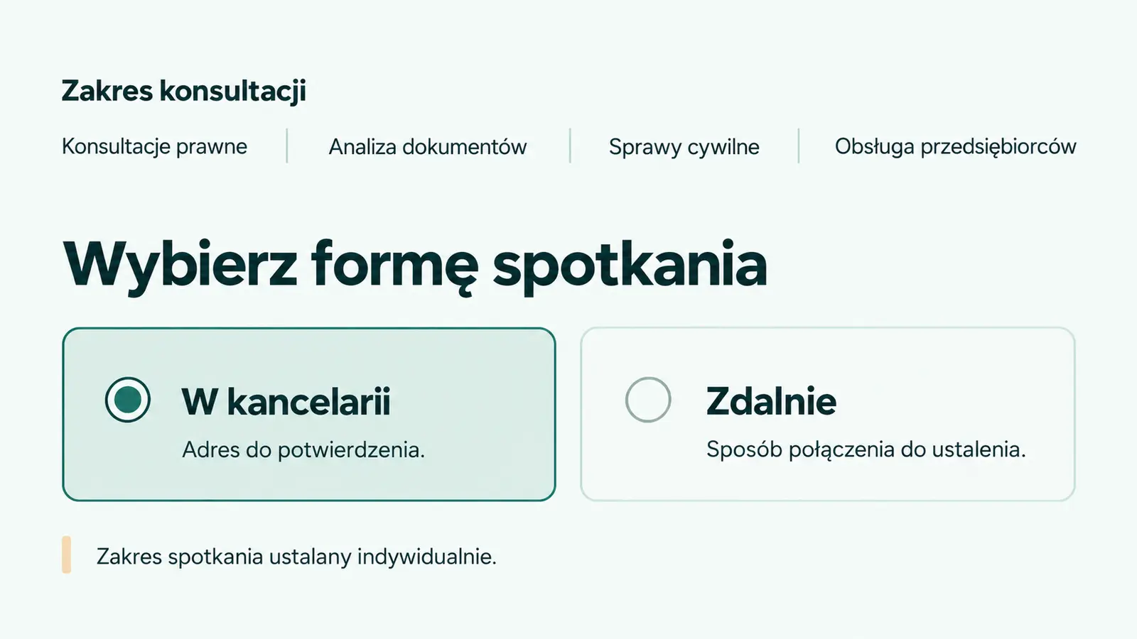 Projekt szablonu Rezerwacje dla kancelarii prawnej — sekcja Zakres i forma