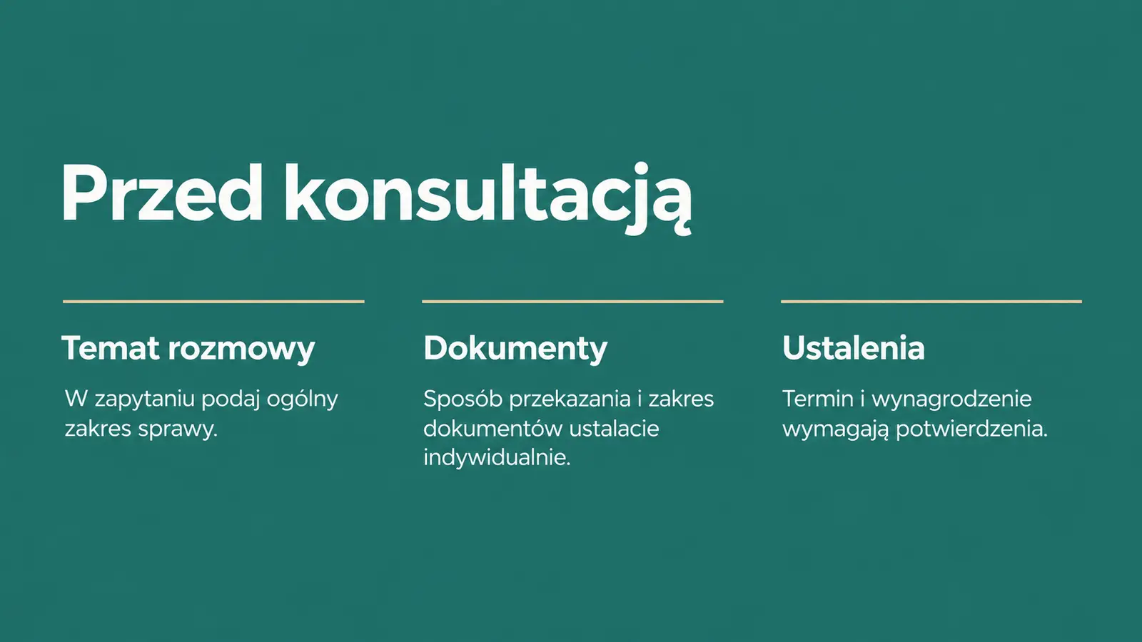 Projekt szablonu Rezerwacje dla kancelarii prawnej — sekcja Przed konsultacją