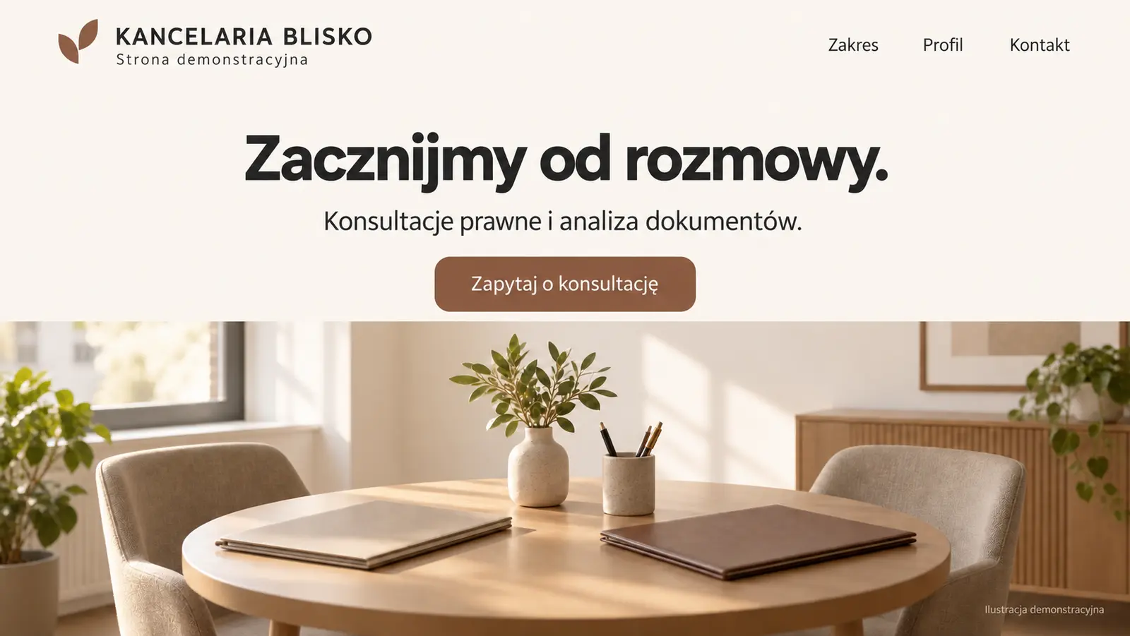 Projekt szablonu Wizytówka dla kancelarii prawnej — sekcja Kameralne otwarcie