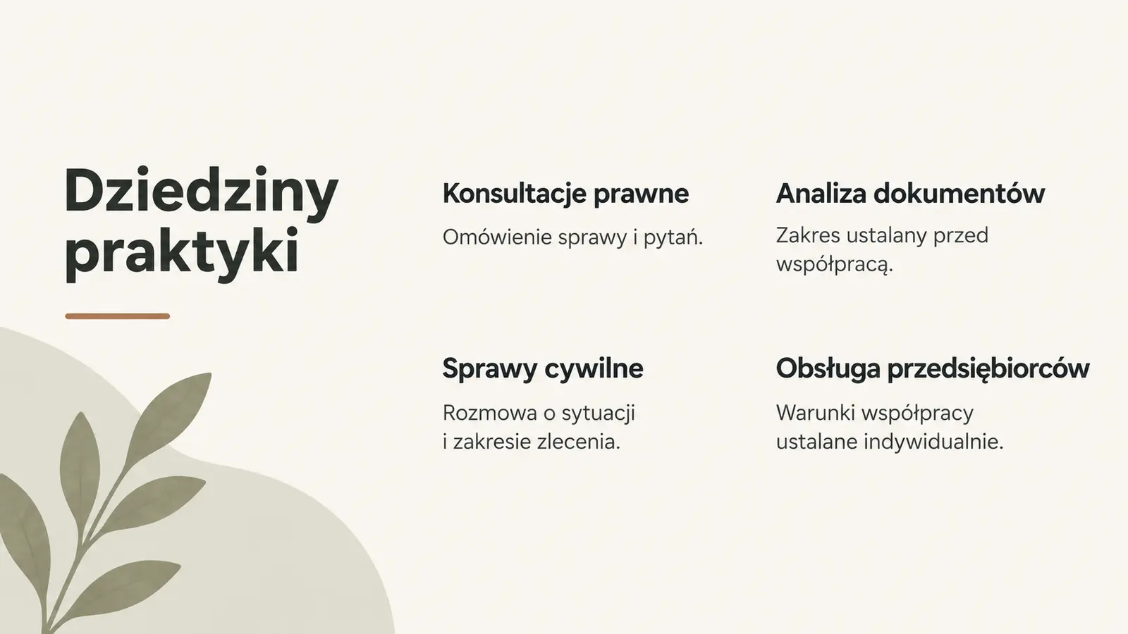 Projekt szablonu Wizytówka dla kancelarii prawnej — sekcja Dziedziny praktyki