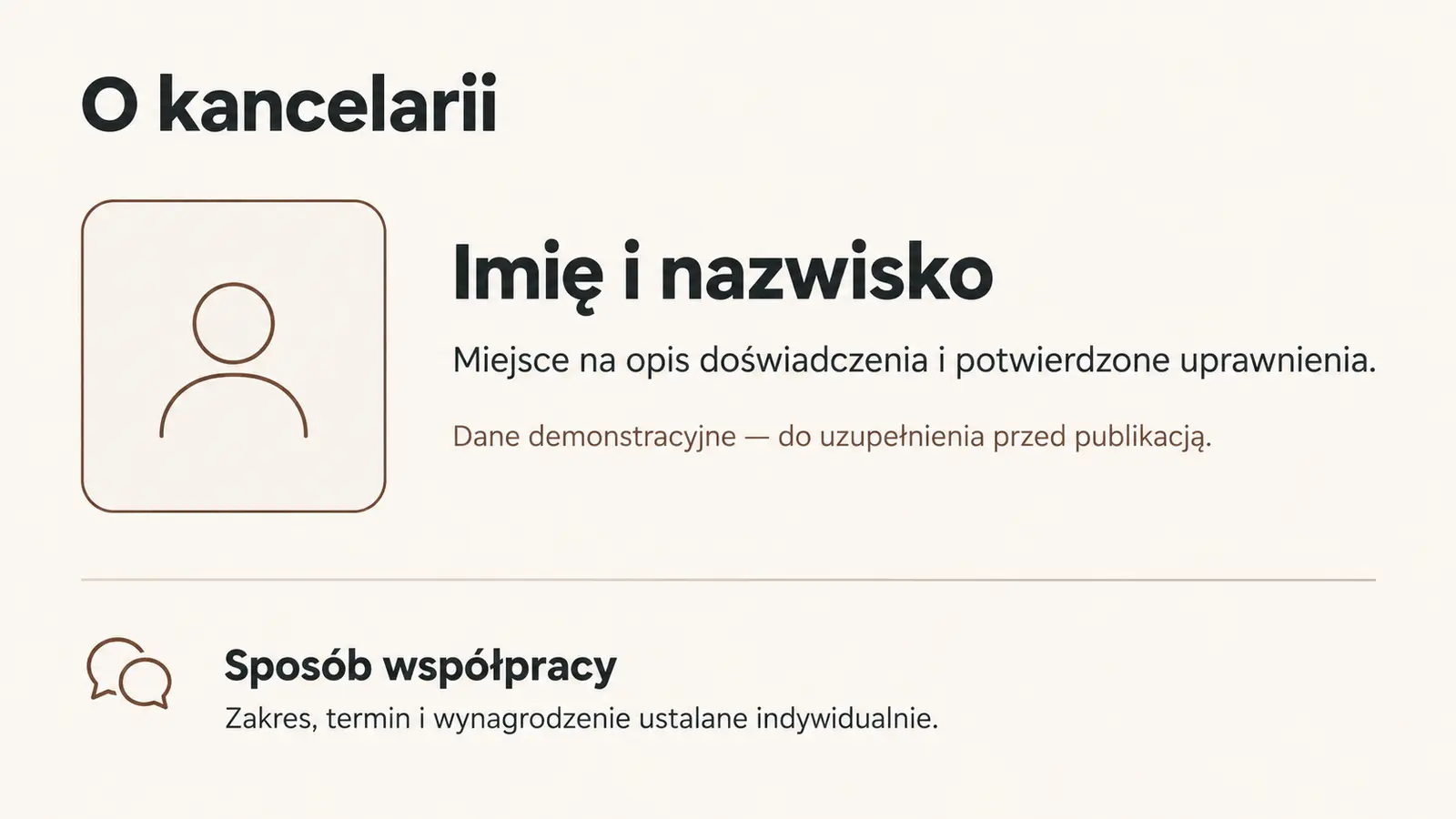 Projekt szablonu Wizytówka dla kancelarii prawnej — sekcja Profil do uzupełnienia
