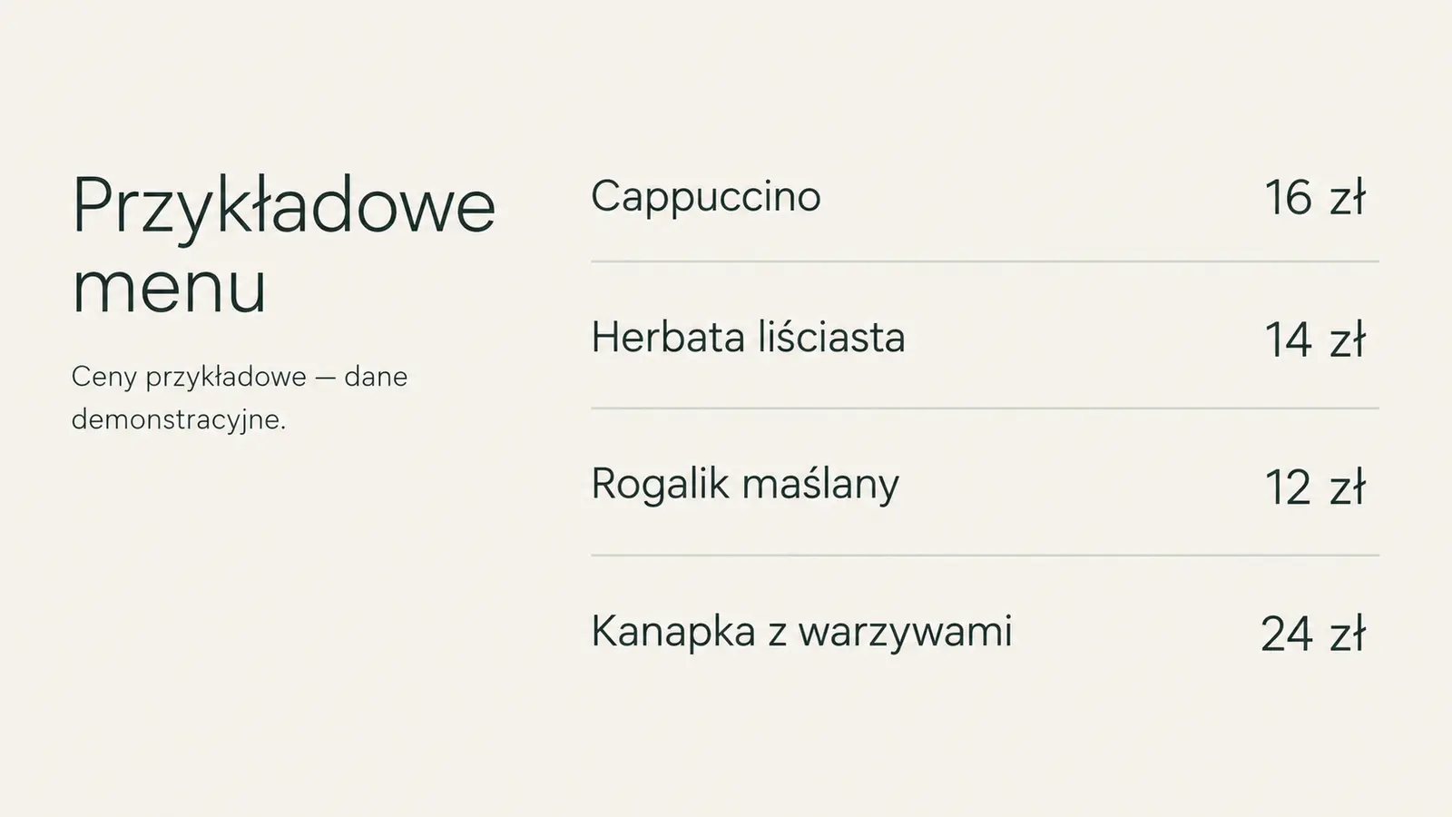 Projekt szablonu Galeria dla kawiarni — sekcja Menu