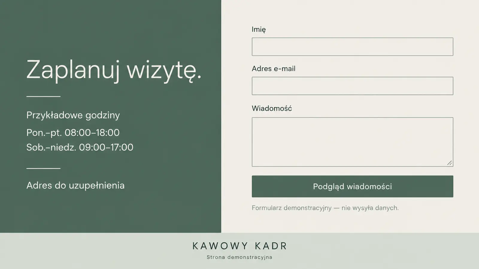 Projekt szablonu Galeria dla kawiarni — sekcja Godziny i kontakt