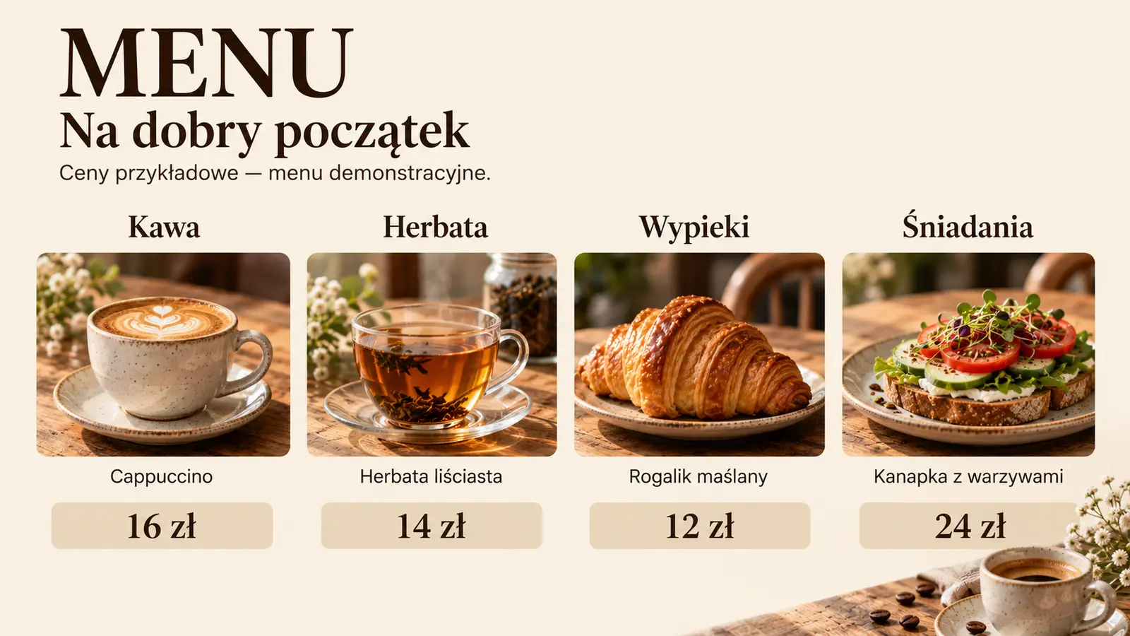 Projekt szablonu Klasyczny dla kawiarni — sekcja Menu