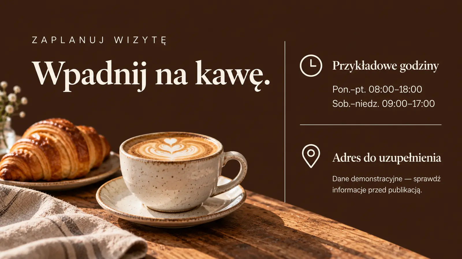 Projekt szablonu Klasyczny dla kawiarni — sekcja Godziny i lokalizacja