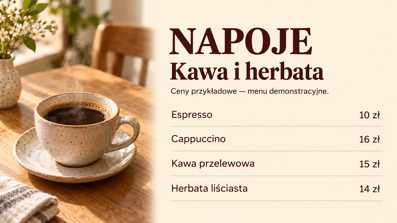 Projekt szablonu Menu dla kawiarni — sekcja Karta napojów