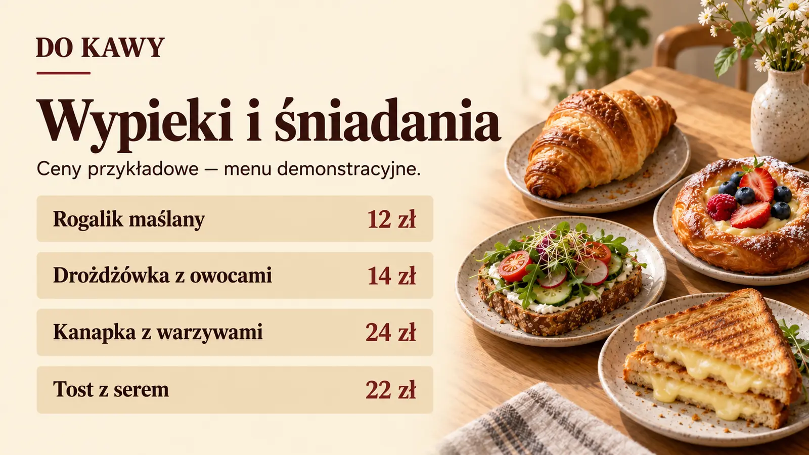 Projekt szablonu Menu dla kawiarni — sekcja Wypieki i śniadania