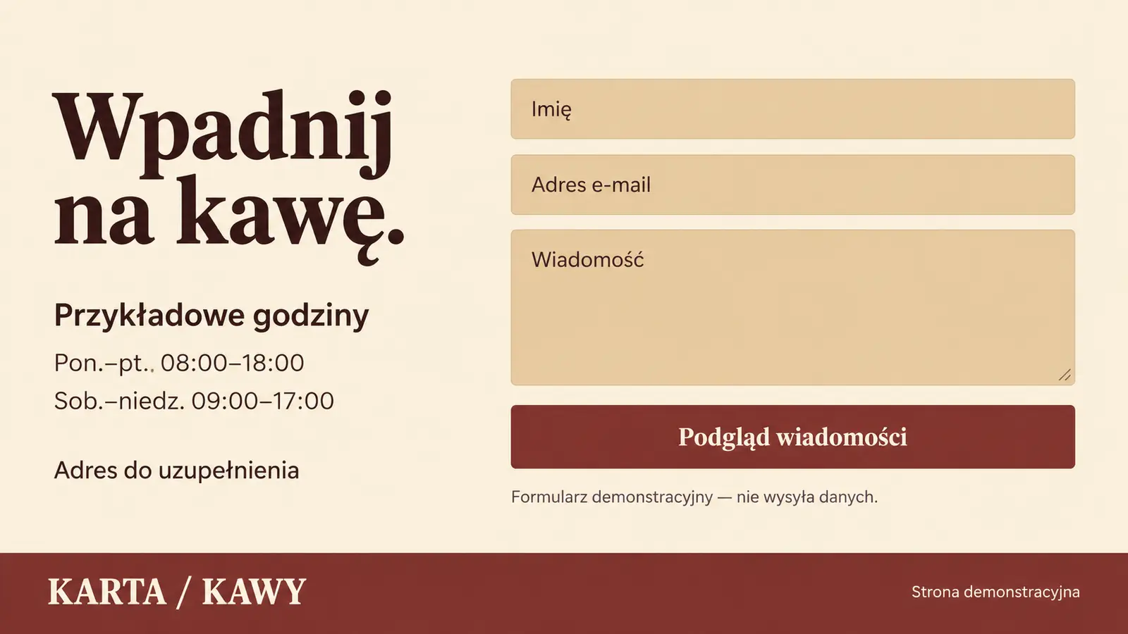 Projekt szablonu Menu dla kawiarni — sekcja Godziny i kontakt