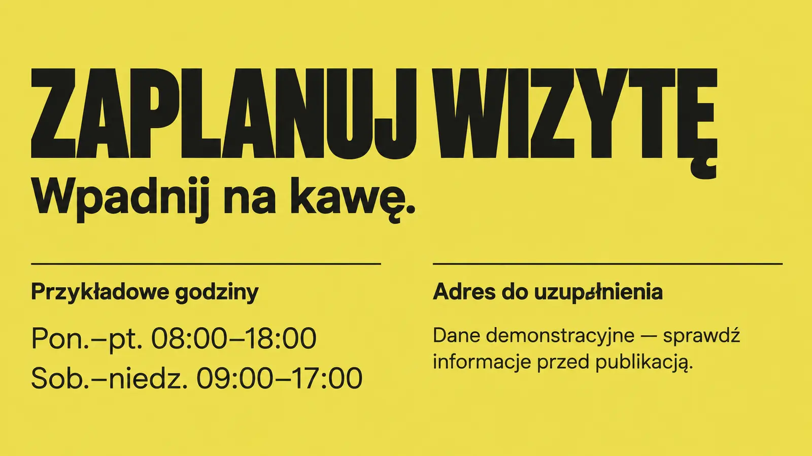 Projekt szablonu Nowoczesny dla kawiarni — sekcja Godziny i lokalizacja