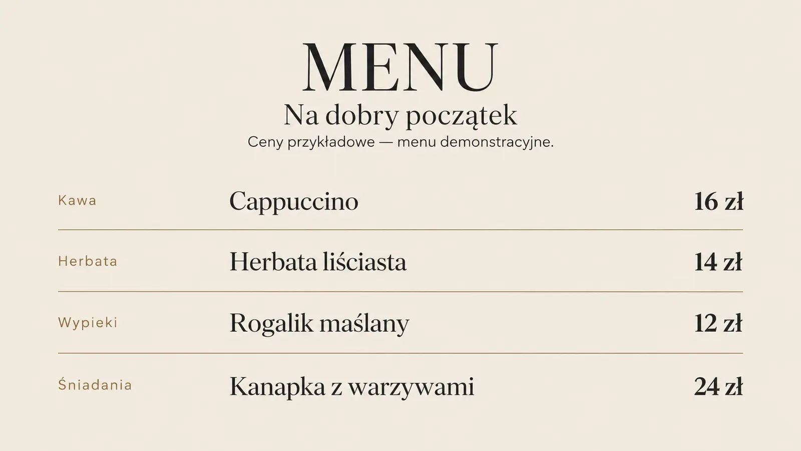 Projekt szablonu Premium dla kawiarni — sekcja Menu