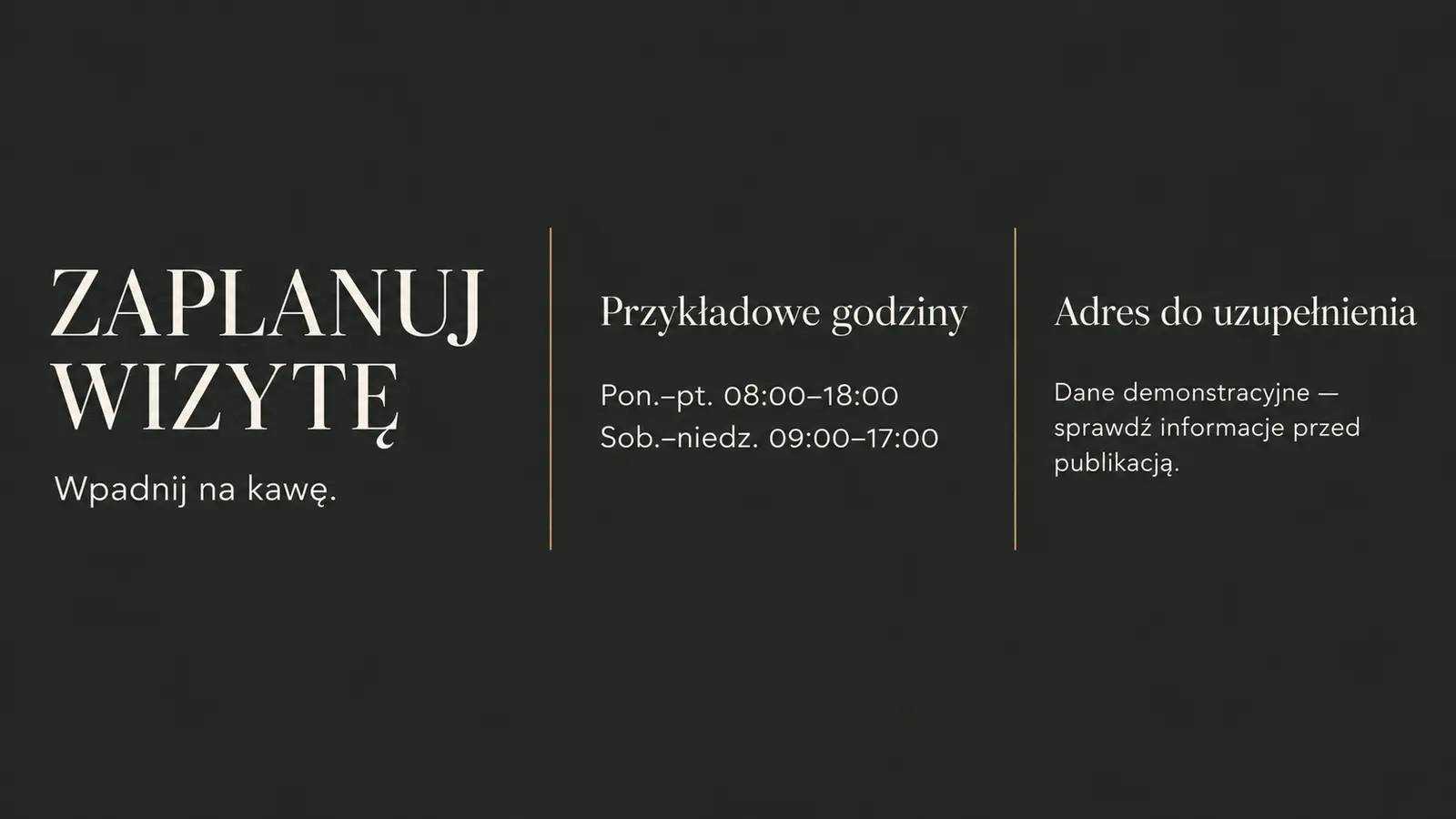 Projekt szablonu Premium dla kawiarni — sekcja Godziny i lokalizacja