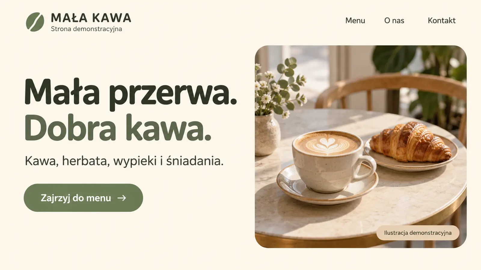 Projekt szablonu Wizytówka dla kawiarni — sekcja Kameralne otwarcie