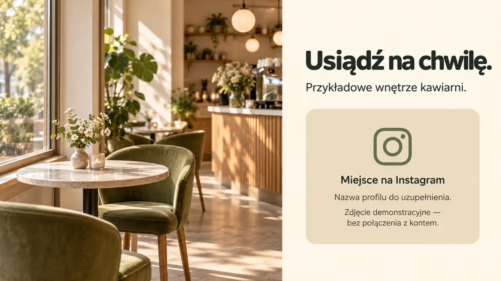 Projekt szablonu Wizytówka dla kawiarni — sekcja Wnętrze i Instagram