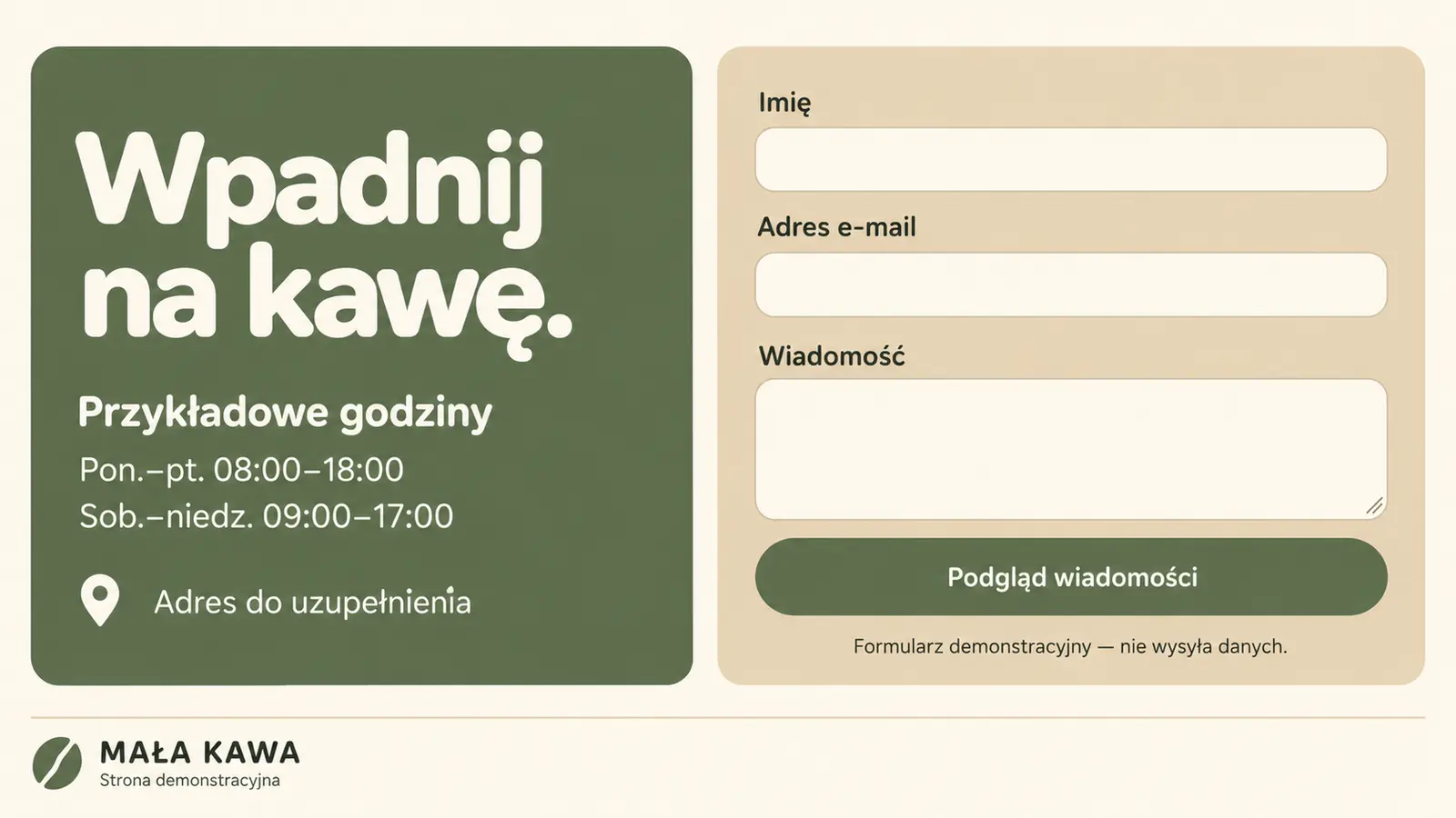 Projekt szablonu Wizytówka dla kawiarni — sekcja Godziny i kontakt