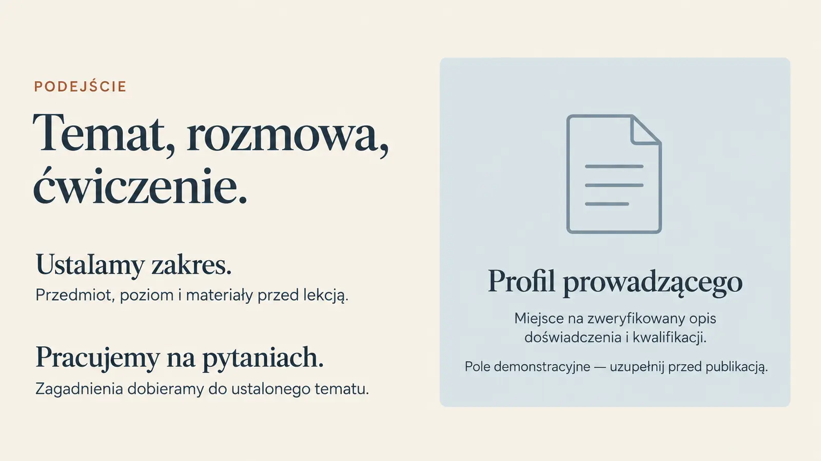 Projekt szablonu Ekspert dla korepetytora — sekcja Podejście i profil