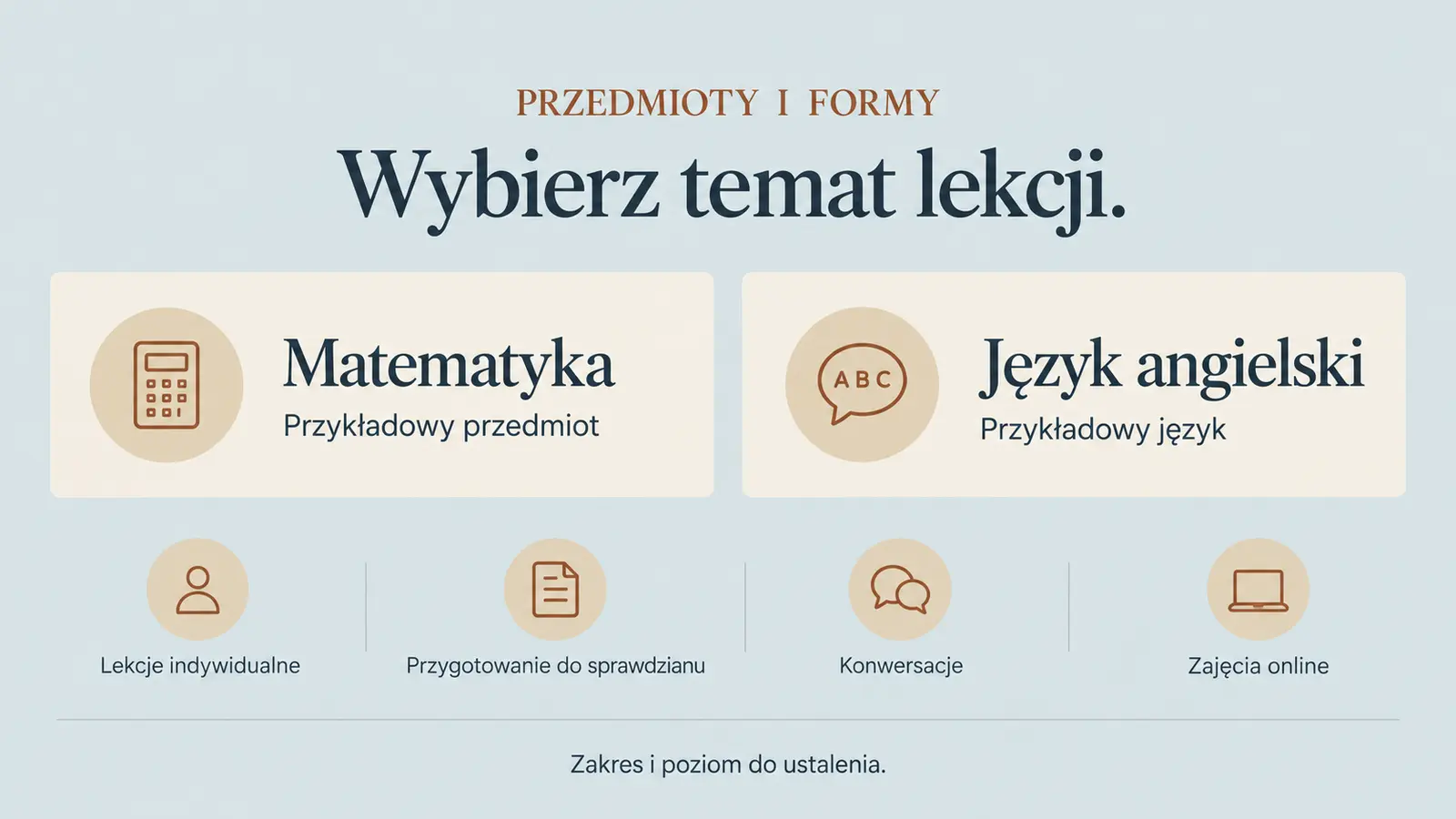 Projekt szablonu Ekspert dla korepetytora — sekcja Przedmioty i formy