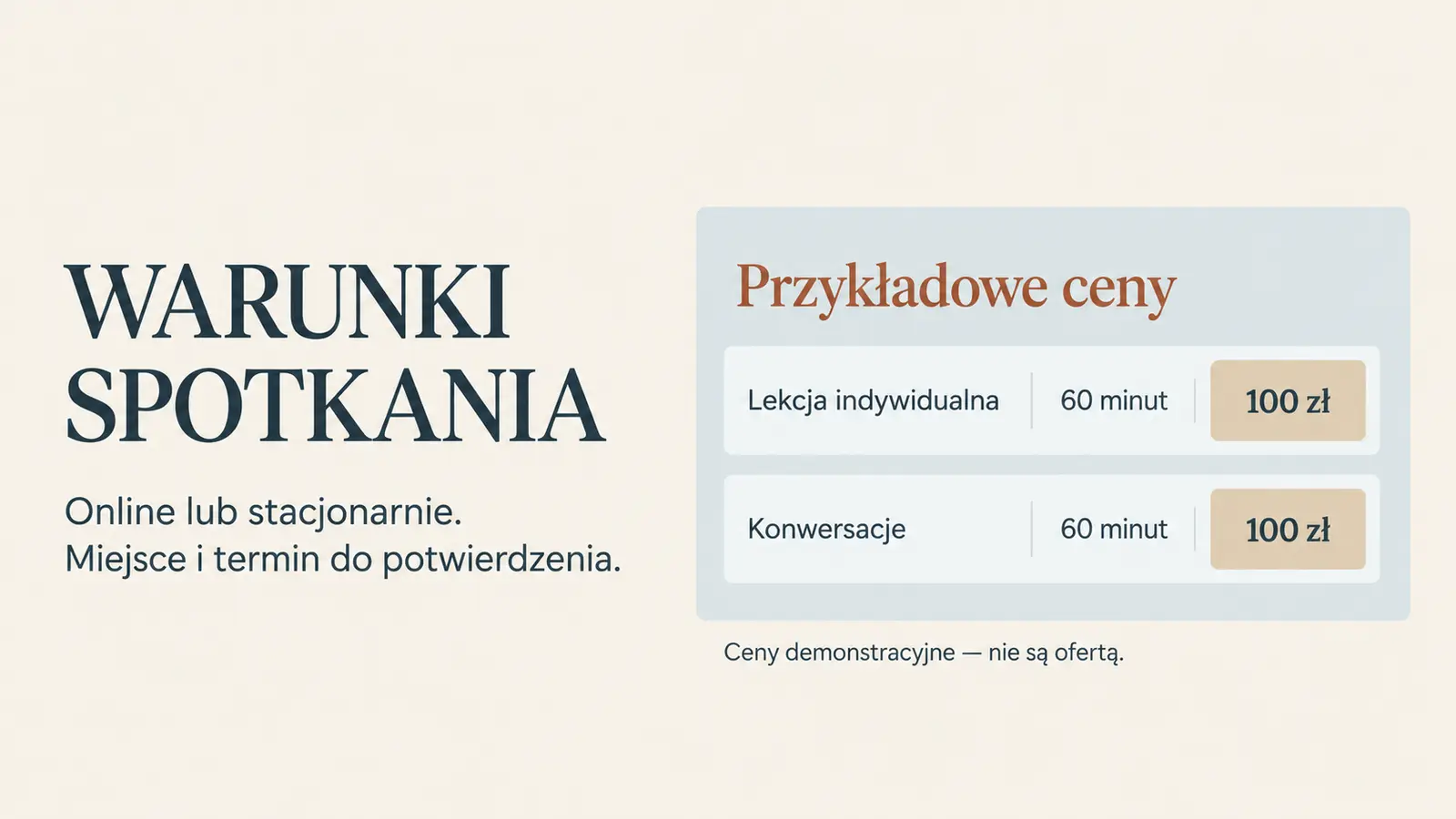 Projekt szablonu Ekspert dla korepetytora — sekcja Formy i ceny