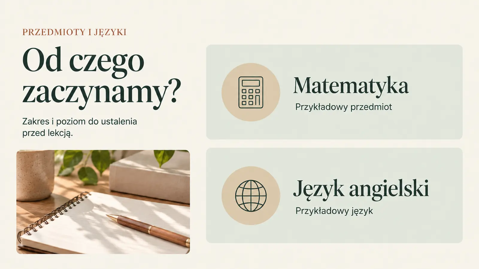 Projekt szablonu Klasyczny dla korepetytora — sekcja Przedmioty i języki