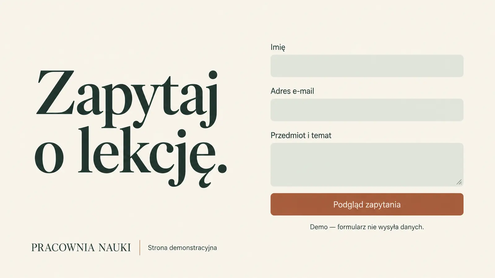 Projekt szablonu Klasyczny dla korepetytora — sekcja Zapytanie o lekcję