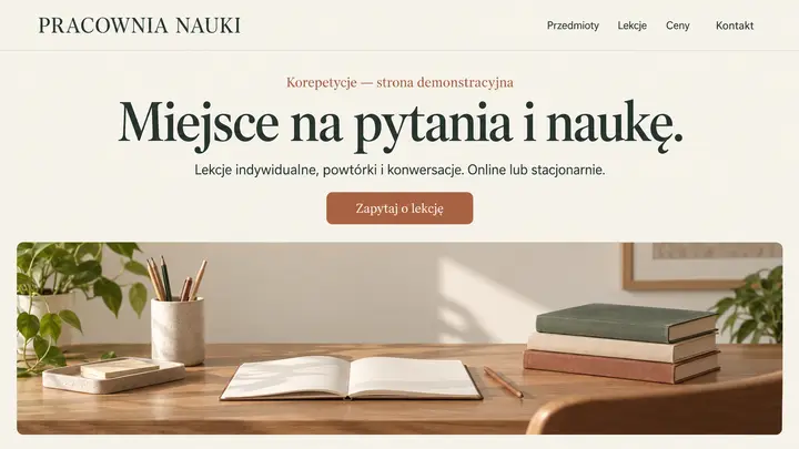 Projekt szablonu Klasyczny dla branży Korepetycje — pierwszy ekran