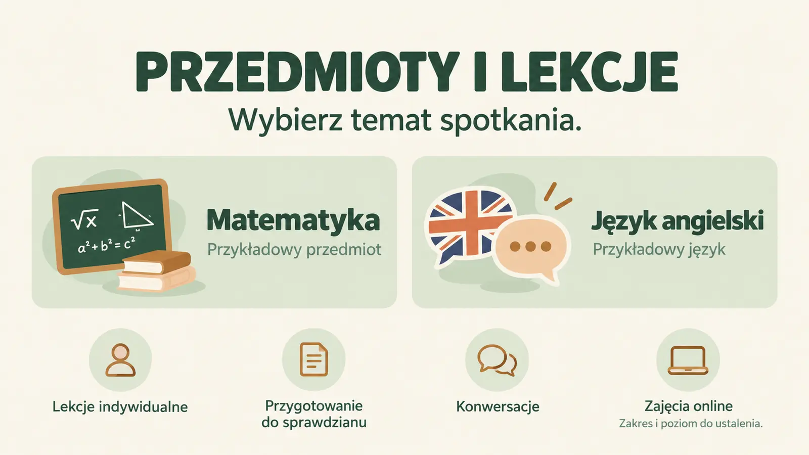 Projekt szablonu Lokalny dla korepetytora — sekcja Przedmioty i formy nauki