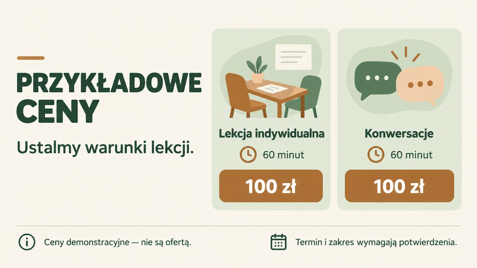 Projekt szablonu Lokalny dla korepetytora — sekcja Ceny