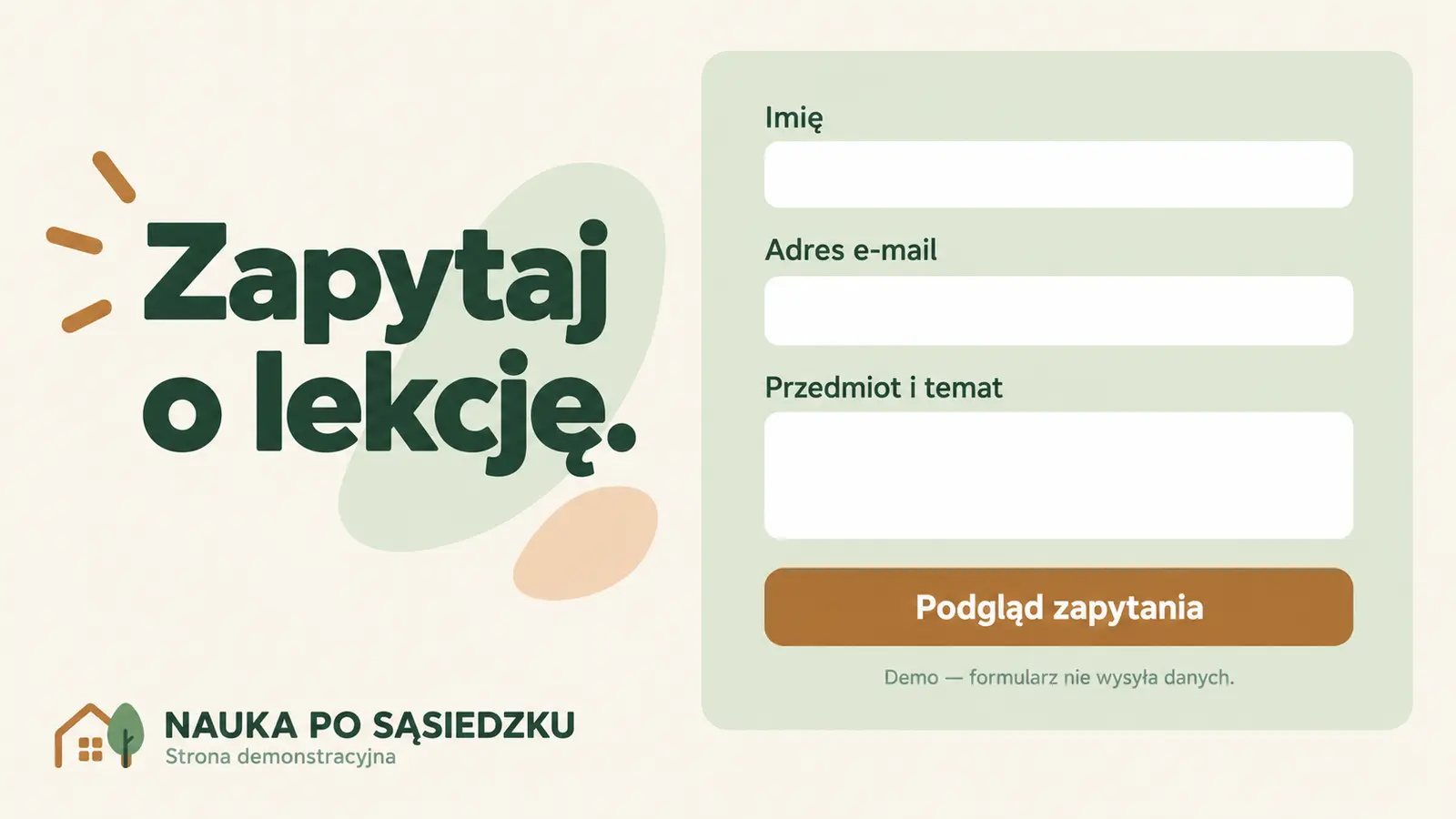 Projekt szablonu Lokalny dla korepetytora — sekcja Kontakt