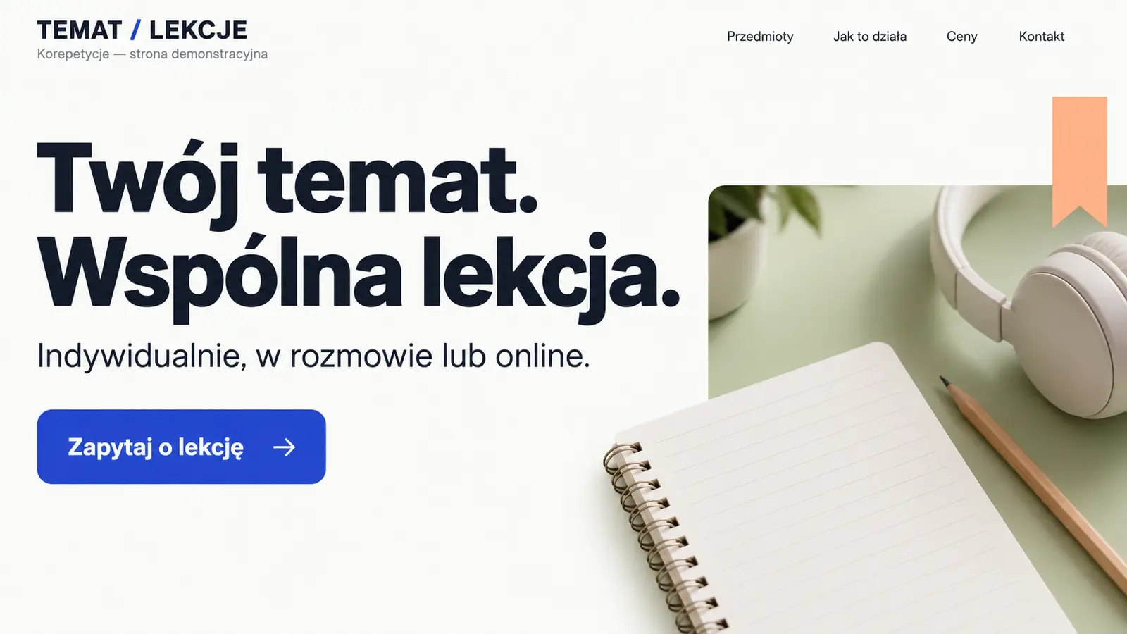 Projekt szablonu Nowoczesny dla korepetytora — sekcja Otwarcie