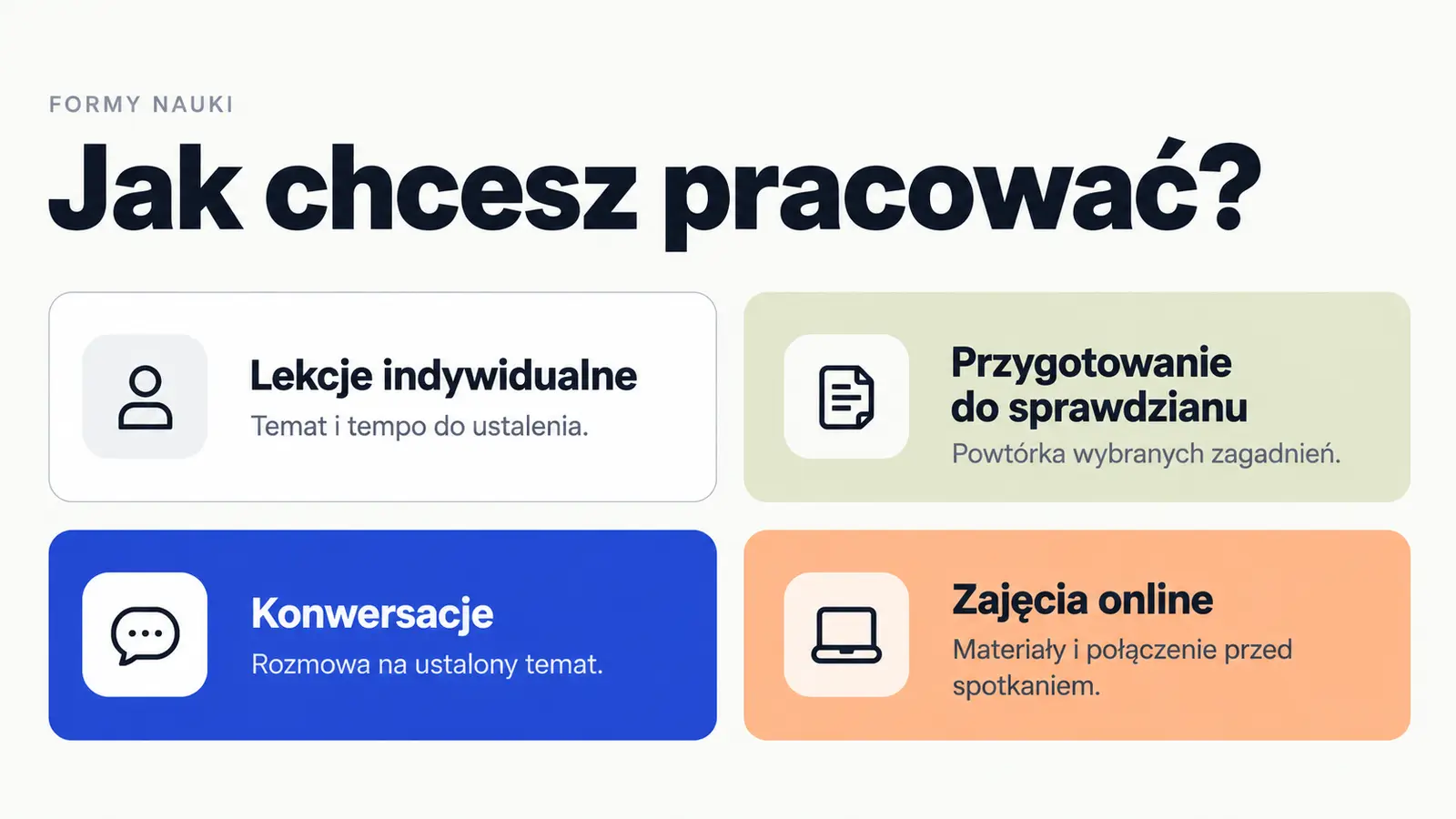 Projekt szablonu Nowoczesny dla korepetytora — sekcja Formy nauki