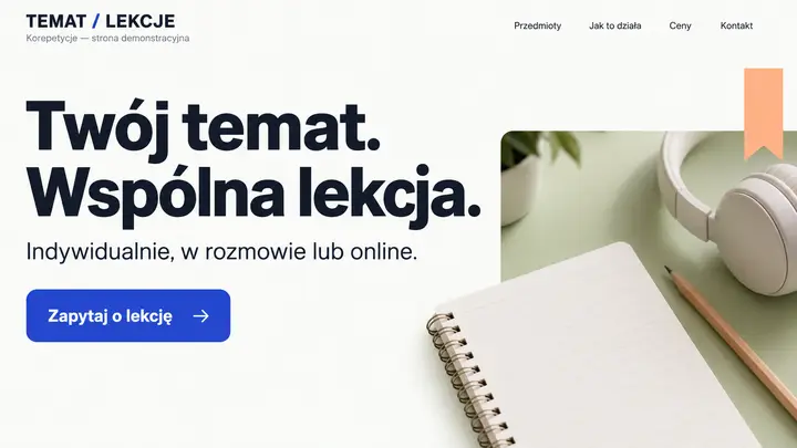 Projekt szablonu Nowoczesny dla branży Korepetycje — pierwszy ekran