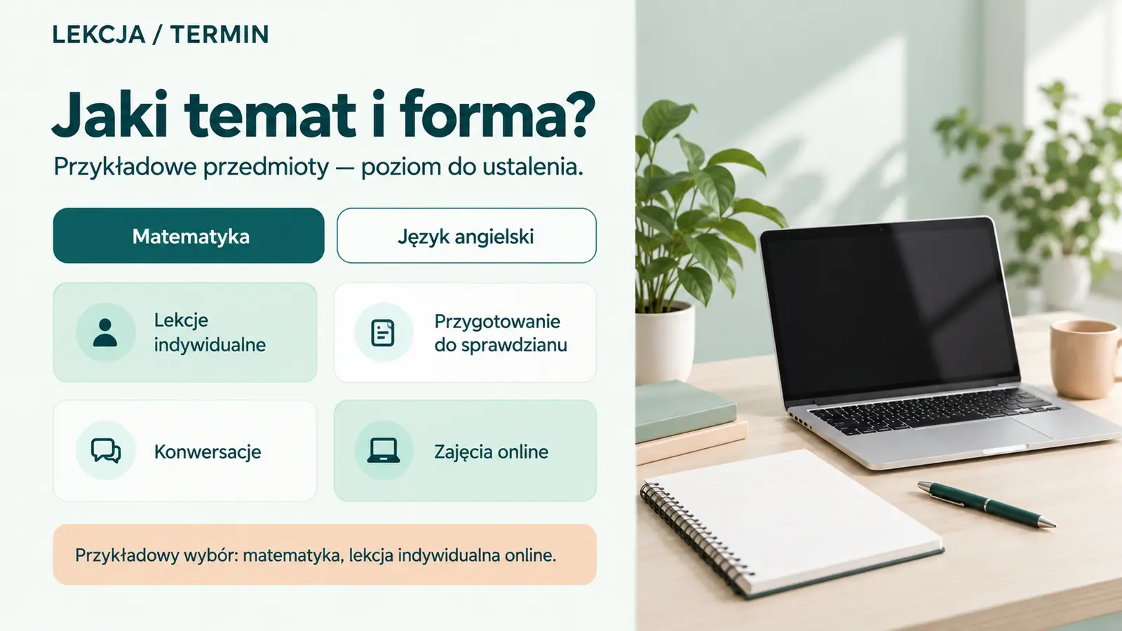 Projekt szablonu Rezerwacje dla korepetytora — sekcja Rodzaj lekcji