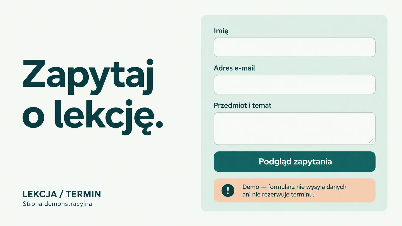 Projekt szablonu Rezerwacje dla korepetytora — sekcja Zapytanie o termin