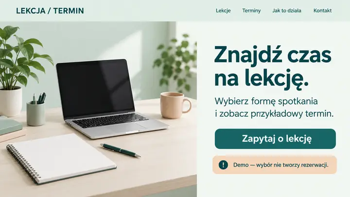 Projekt szablonu Rezerwacje dla branży Korepetycje — pierwszy ekran