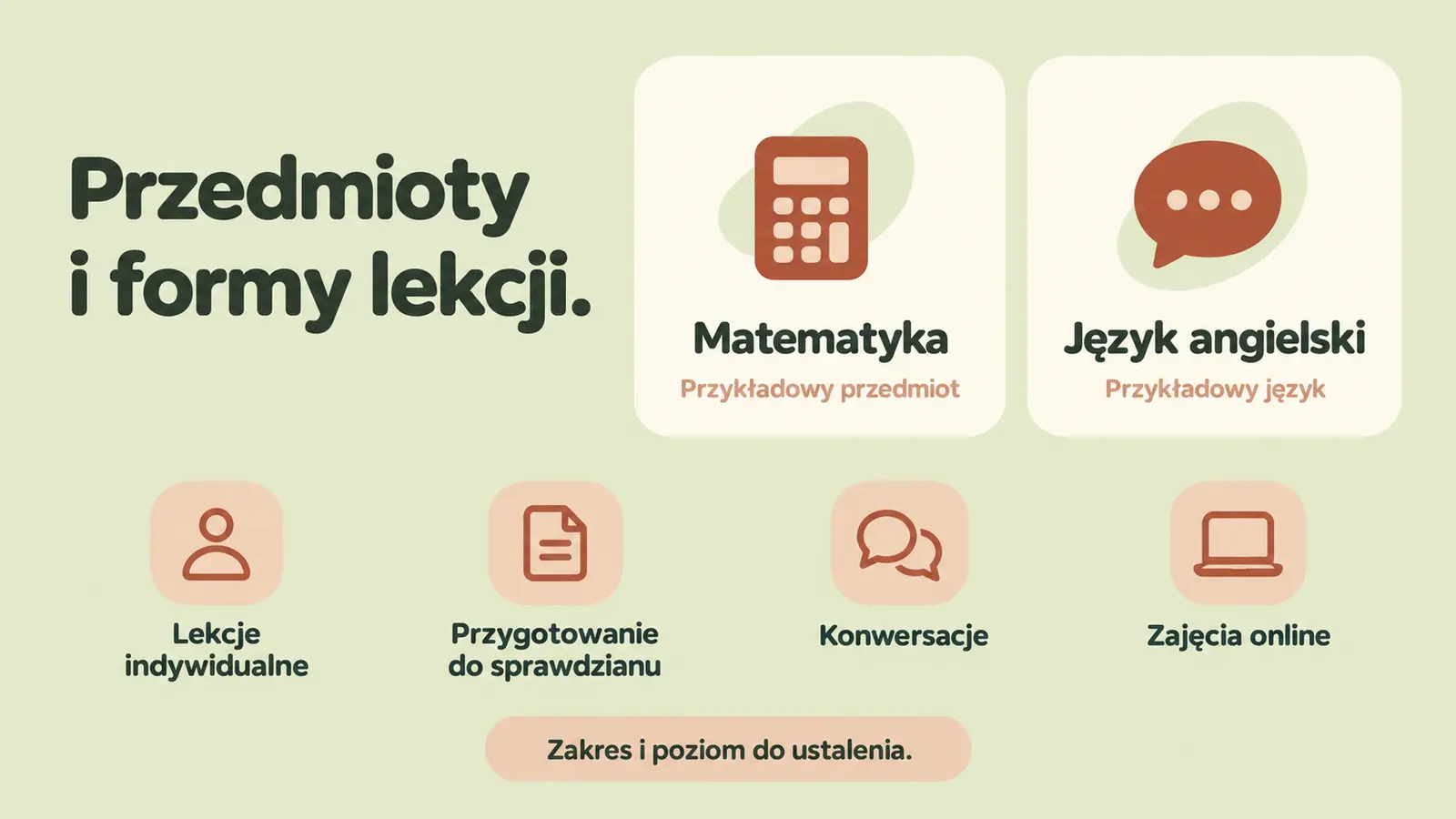 Projekt szablonu Wizytówka dla korepetytora — sekcja Przedmioty i formy lekcji